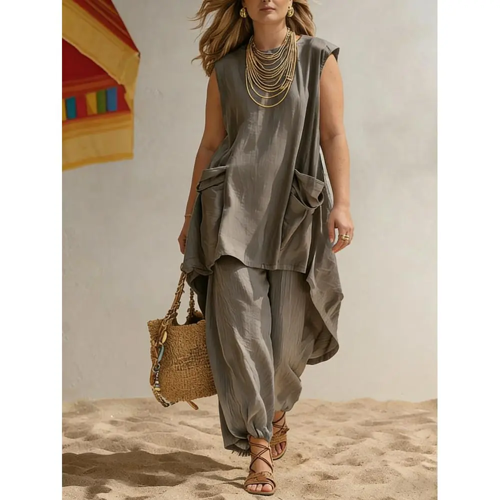 Olive Green Plus Size Big Pocket Sleeveless Tunic+Baggy Ankle Cuff Pants 2 Piece Outfit
