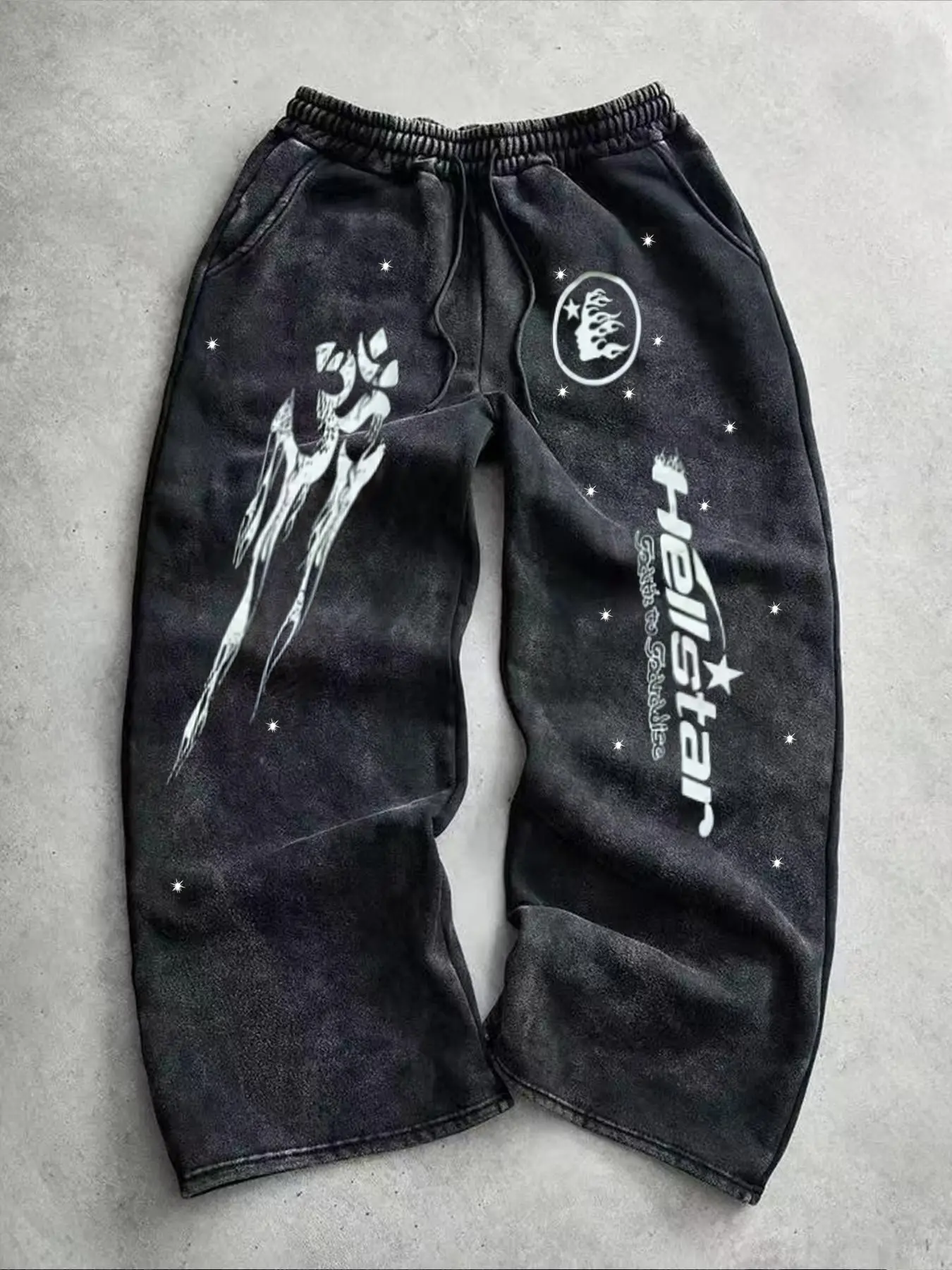 Men's Vintage Streetwear Pants, Washed Tie-Dye Star and Flame Letter Print, Casual Sporty Long Trousers for Fall Winter, Athletic Casual Pants
