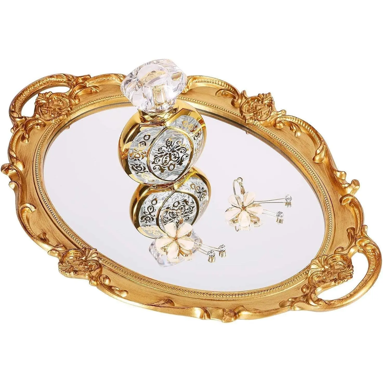 Gold Polyresin Ellipse Antique Decorative Mirror Tray, Makeup Organizer, Jewelry Organizer, Serving Tray, 9.8" x 14.6"Gift