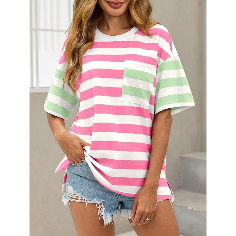 Womens Oversized Color Block Striped Tshirts Summer Casual Short Sleeve Tops Loose Fit Crew Neck Shirts