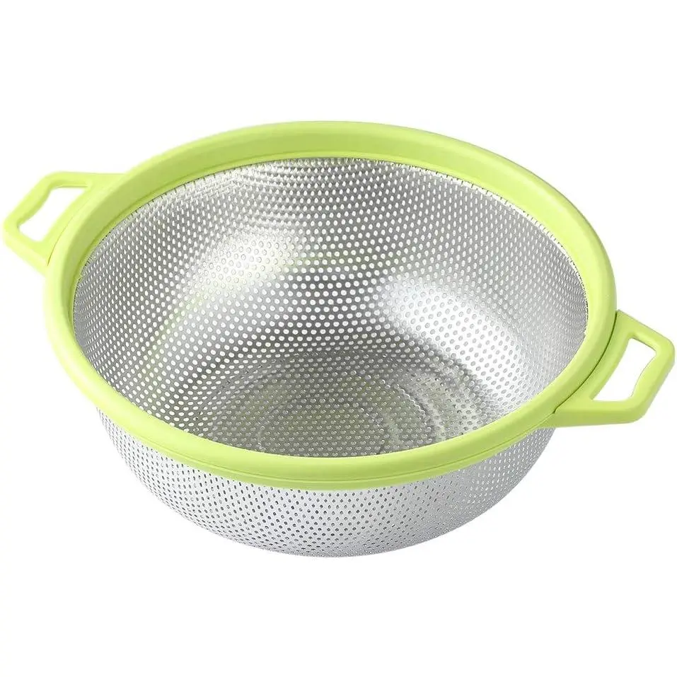 Stainless Steel Colander With Handle and , Large Metal Green Strainer for Pasta, Spaghetti, Berry, Veggies, Fruits, Noodles, Salads, 5-quart 10.5” Kitchen Mesh Colander, Dishwasher Safe
