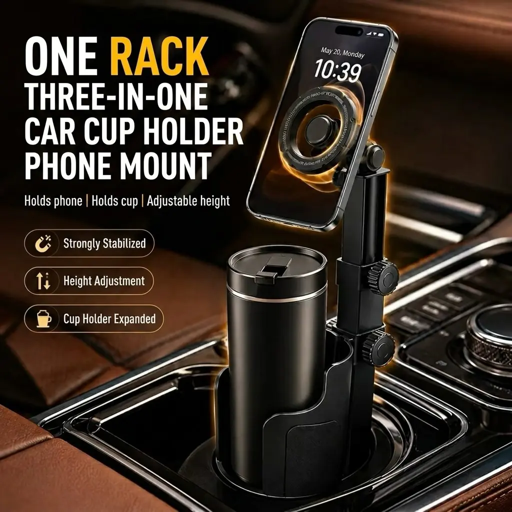 2 in 1 Car Cup Holder Phone Mount & Tablet Stand, Strong Magnetic, 360° Rotation, Adjustable Height, Universal Fit for iPhone, Samsung, iPad, Suv, Truck
