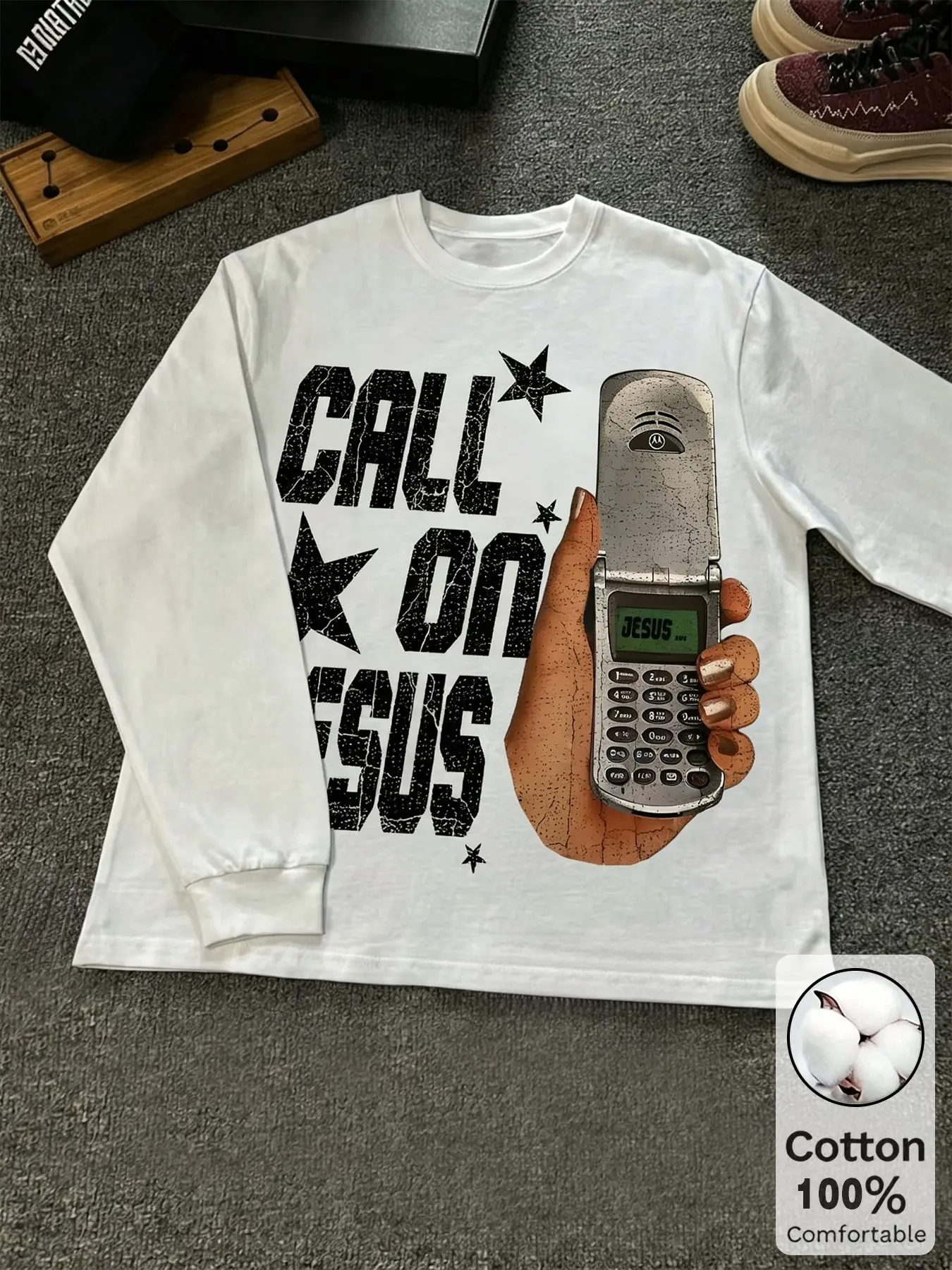 Vintage Call on Jesus Graphic Long Sleeve T-Shirt, Distressed Letter Print, Streetwear Casual Top, Loose-Fitting, Unlined