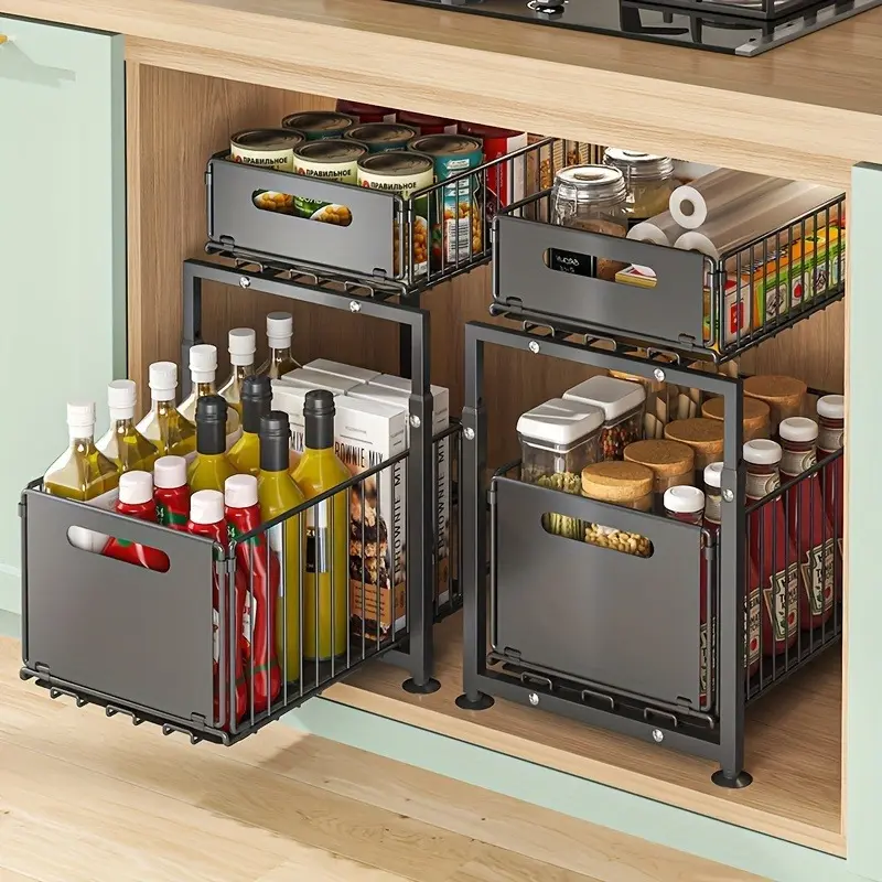 Double-layer pull-out storage rack, space-saving double-layer sink storage rack, height adjustable, strong carbon steel material, kitchen storage rack, space-saving cabinet storage rack, kitchen storage and finishing
