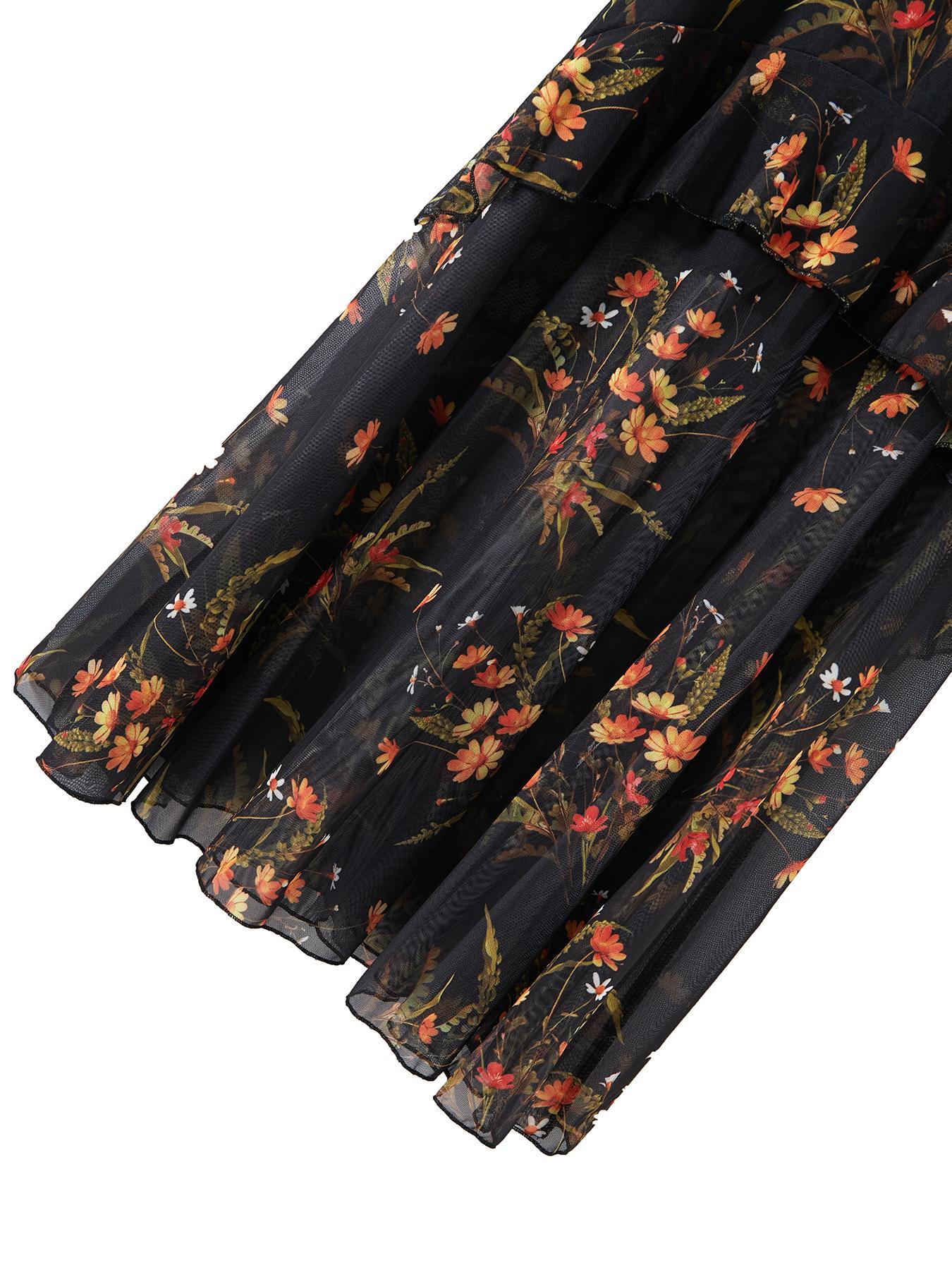 Women's Floral-Print Fitted Dress, Elegant Feminine Vintage Gothic Aesthetic Flared Long Sleeve Dress for Party Holiday Wedding Guest, Ladies' Clothes for All Seasons, Elegance, Garden Formal Dresses for Wedding Guest