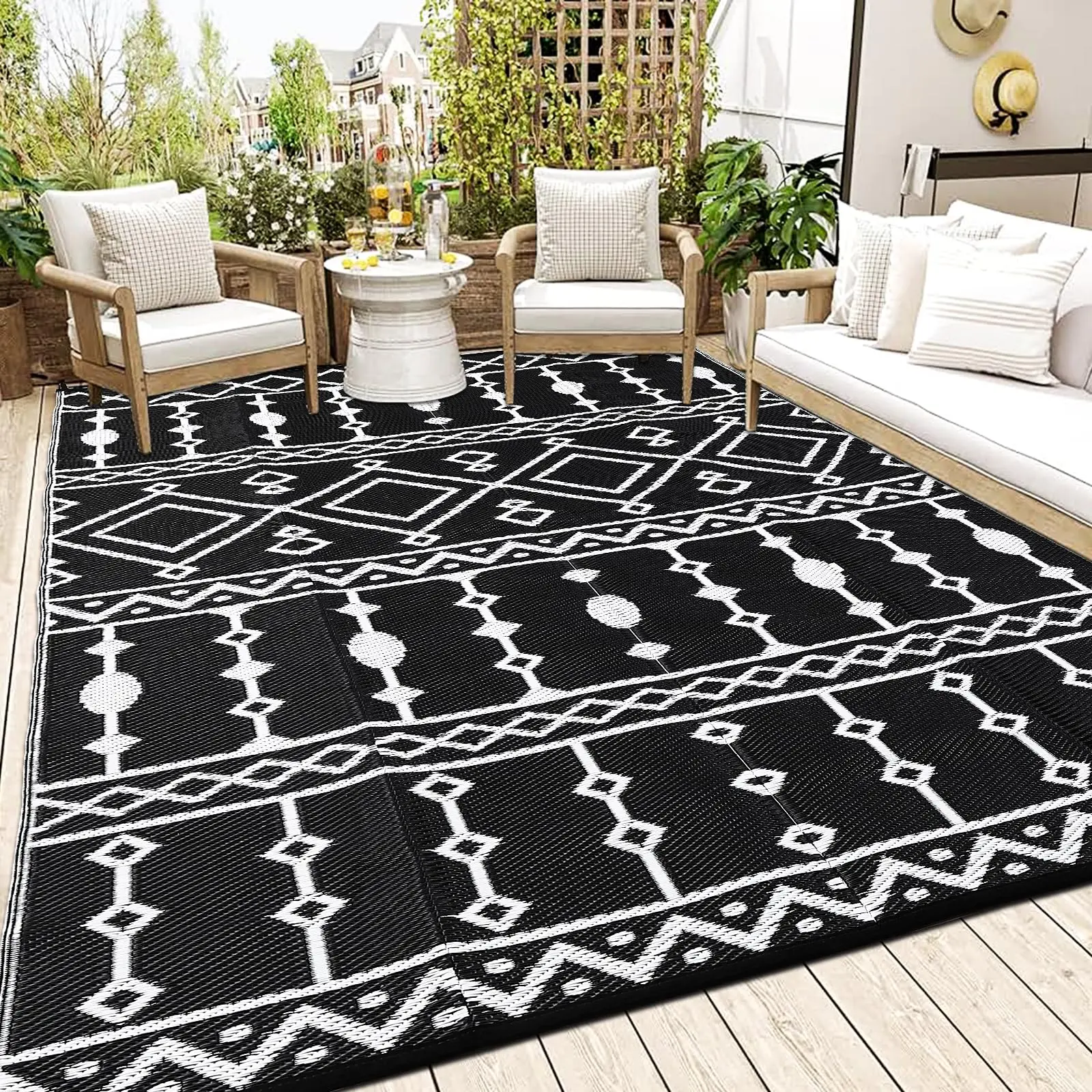 GARVEEOutdoor Black & White 8x10 vintage decorative rug, 320gsm pile weight PP tube plastic woven outdoor carpet XK-Bohemia-flowing diamond shape, Suitable for bedroom, dining room