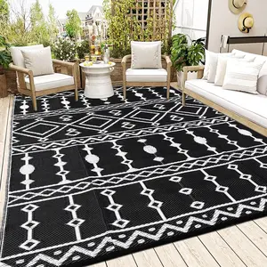 GARVEEOutdoor Black & White 8x10 vintage decorative rug, 320gsm pile weight PP tube plastic woven outdoor carpet XK-Bohemia-flowing diamond shape, Suitable for bedroom, dining room