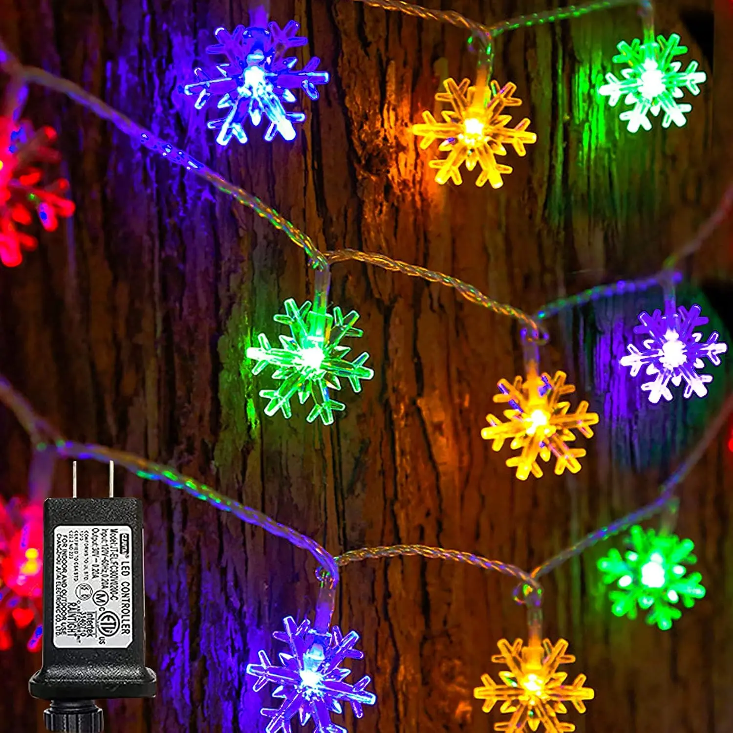 Christmas Snowflakes String Lights, 100 LED 49FT  Christmas Lights Plug in with 8 Modes for Indoor Outdoor Holiday Wedding Party Xmas Tree Garden Decorations (Multi-Colored)