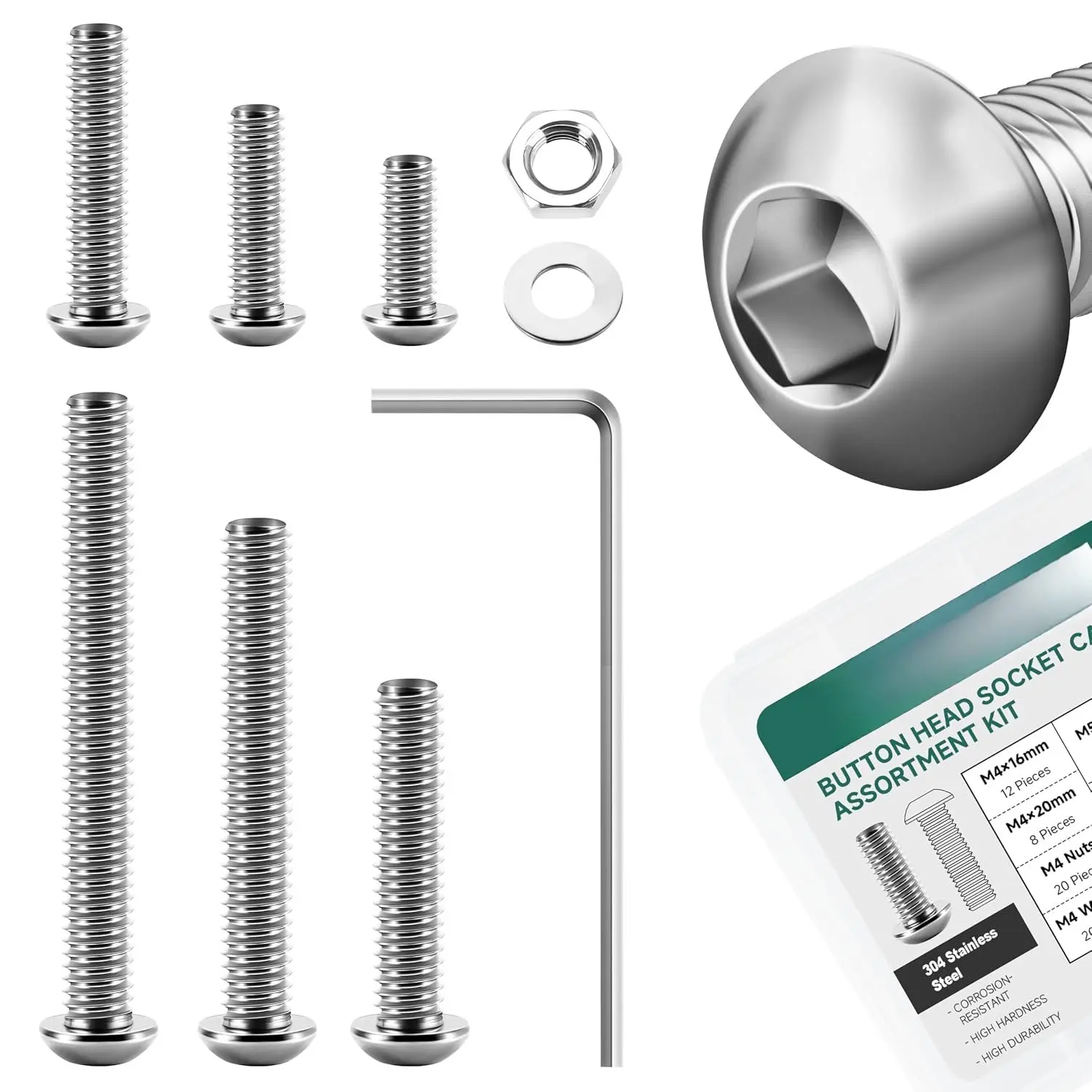 Metric Screw , 120 count Metric Bolt  Kit M4 M5 M6 Machine Screws and Nuts with Lock & Flat Washers, 304 Stainless Steel Button  Socket Cap Black Screws Nuts and  Kit