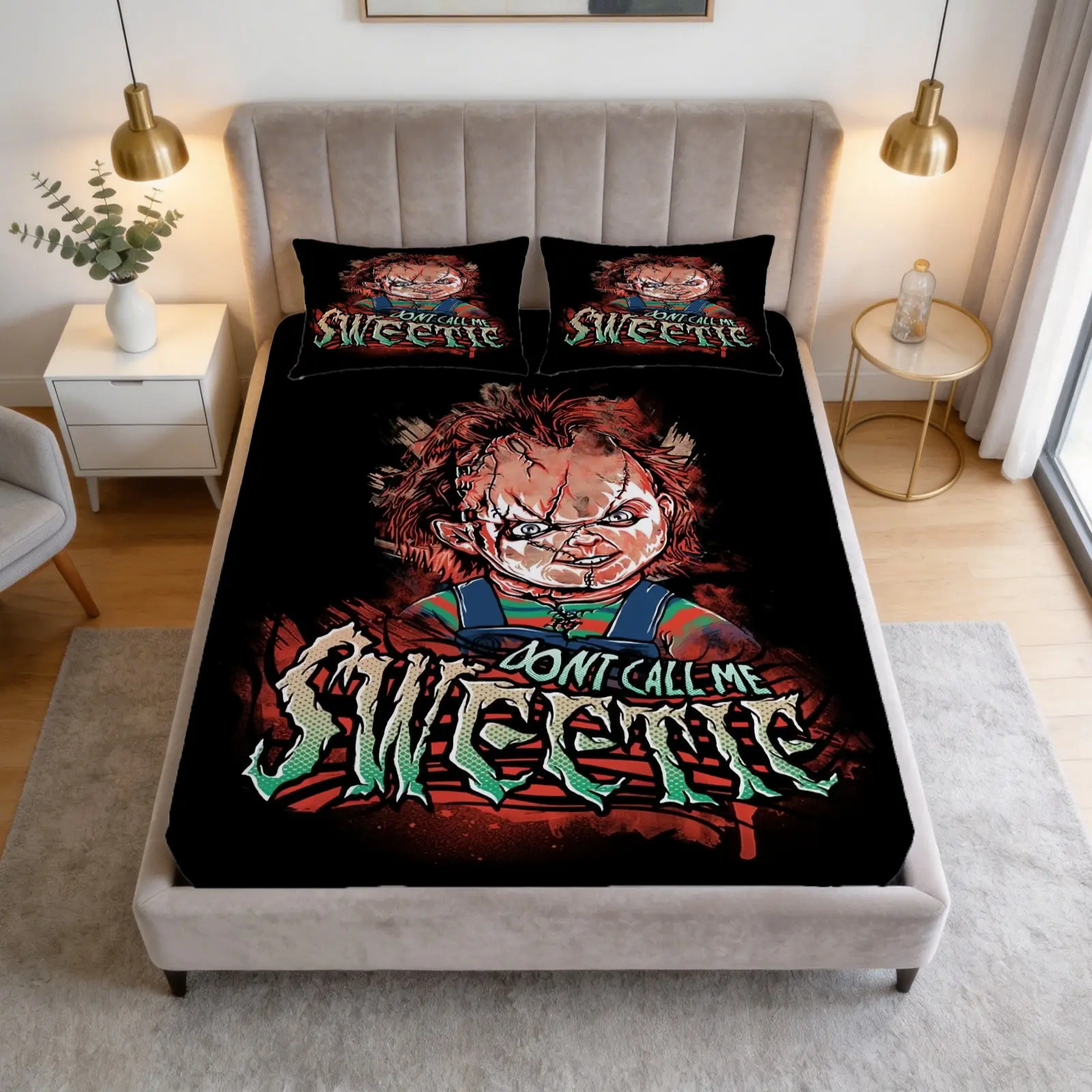 Chucky Printed Pattern Bed Sheet Set, Halloween Micro Terror Theme, 1 Bed Sheet With 2 Pillowcases (Excluding Pillow Core), Available In Multiple Colors, Suitable For Bedrooms, Dormitories, And Guest Rooms, Suitable As Gifts And Decorations