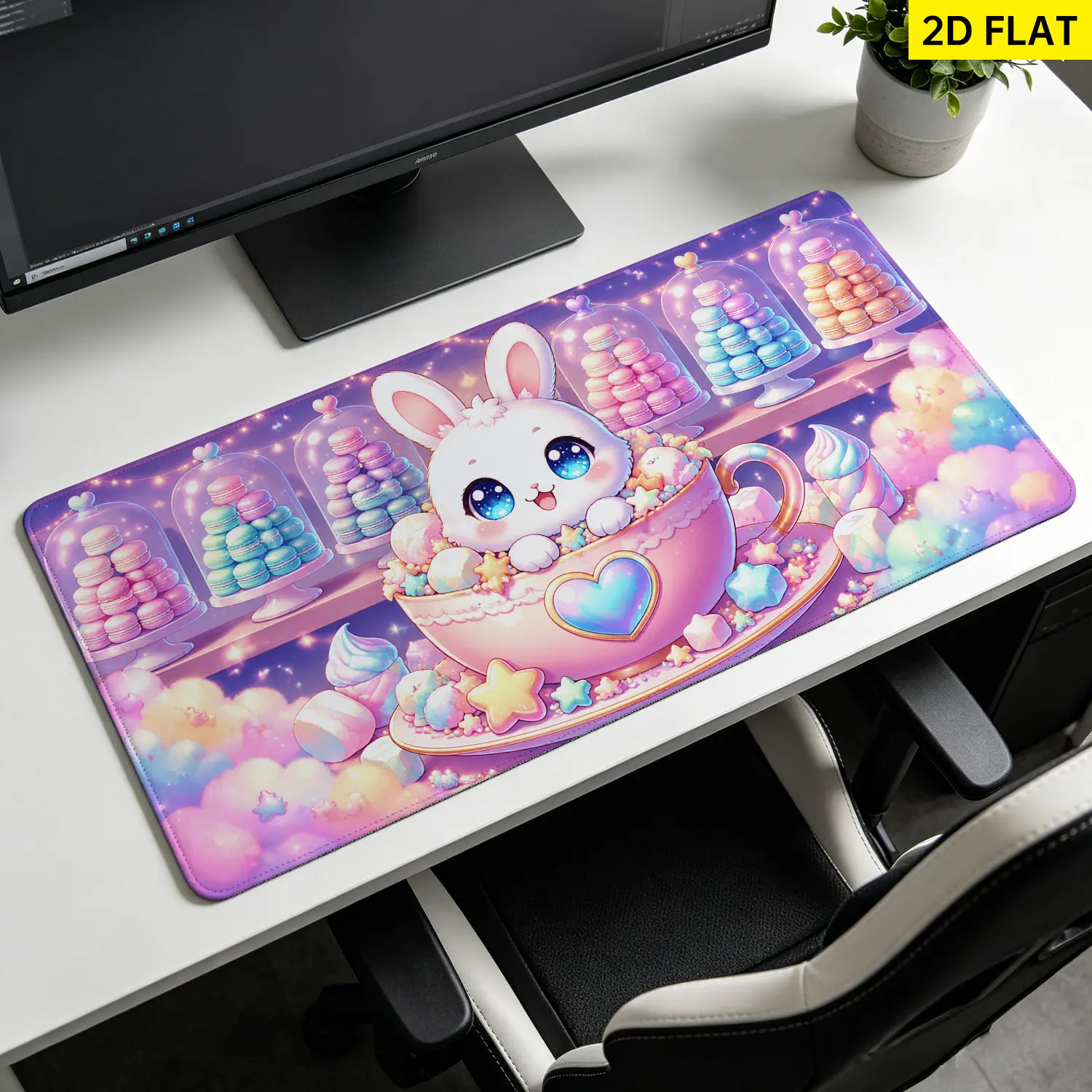 Extra Large cute bunny macaron teacup Mouse Pad,Non Slip Rubber Pad,Desktop Decoration Drotection Pad,Washable,Lock Edge Multi Size,Premium Multipurpose Mousepad For Home,Office,Gift for Family and Friends