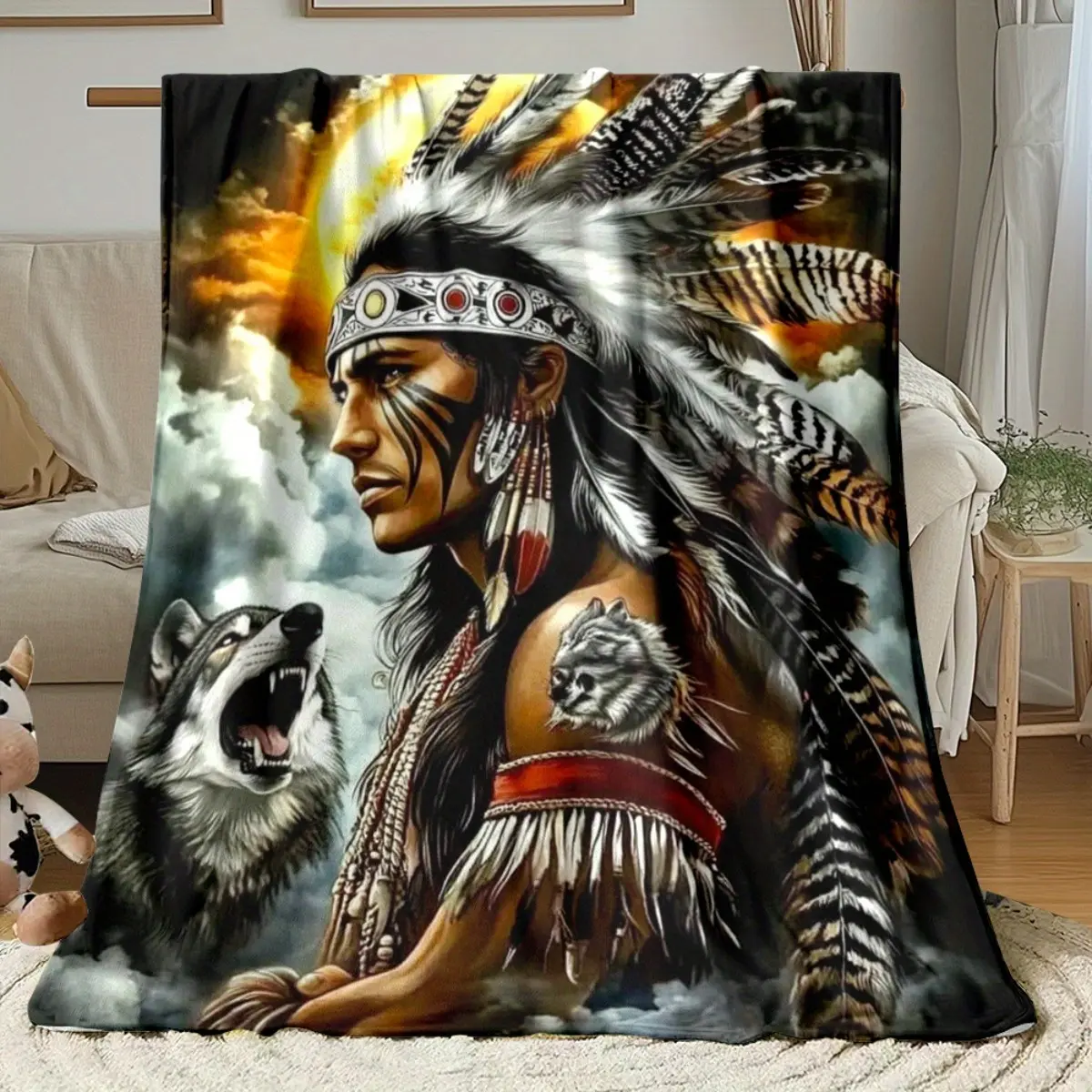 1 Native American Warrior and Wolf Tribe Print Blanket - Brown and blue Southwestern style design, soft flannel fabric, lightweight all-season bedspread/sofa blanket/camping shawl, machine washable comfortable home and travel blanket.