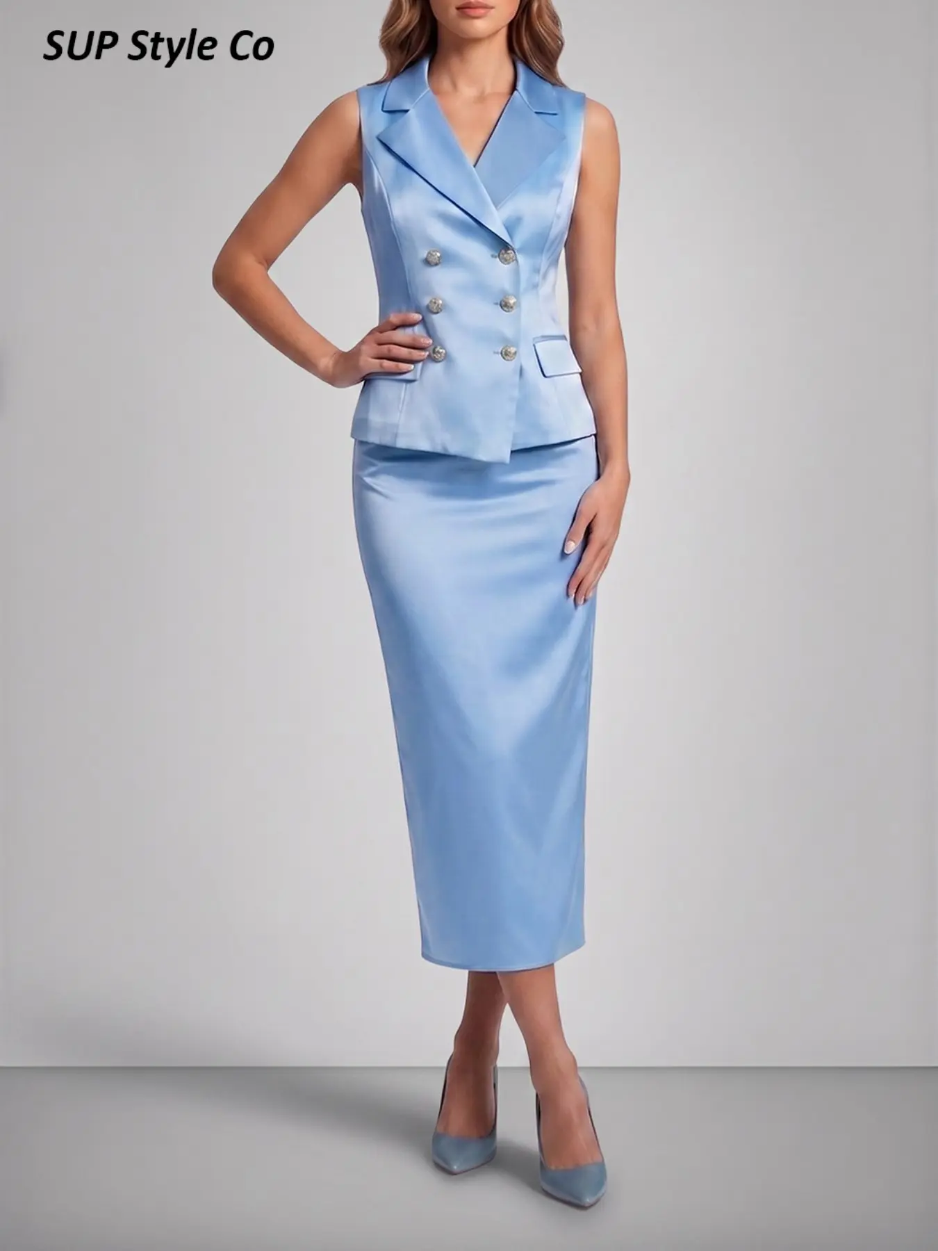 Light Blue Lapel Gold Buttonless Vest + High-Waisted Slimming Skirt Set, Professional Office Wear, Business Meetings, Formal Occasions