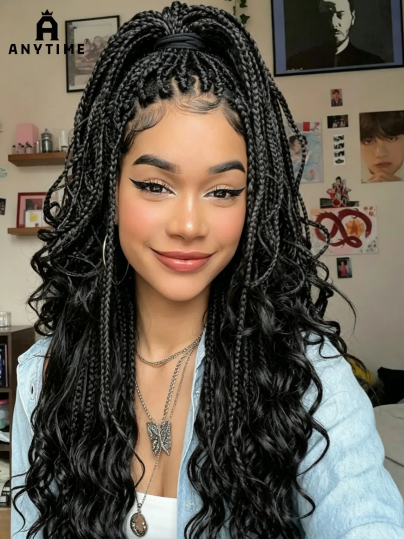34 Inch Full Lace Premium Synthetic Bohemian Box Braided Wigs, Boho Style Wigs, Knotless Supernova Hair Wig, Dm to Pre-Cut Lace, All Seasons