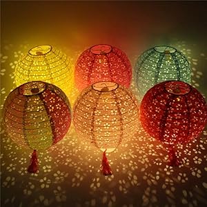 BASIC SUPPLY 5PCS Paper Lanterns Colorful Vibrant Decoration 6inches with LED Lights, Hollow Out Hanging Lanterns with Tassels Walking Sticks for Dinner Birthday Party Decor (Round)
