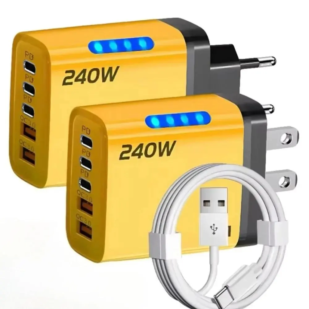 5in1 240W GaN 2USB+3Type-C Fast Charger Multi Ports Phone Charging Head With LED Light Wall Adapter For IPhone 16 15 pro Laptop