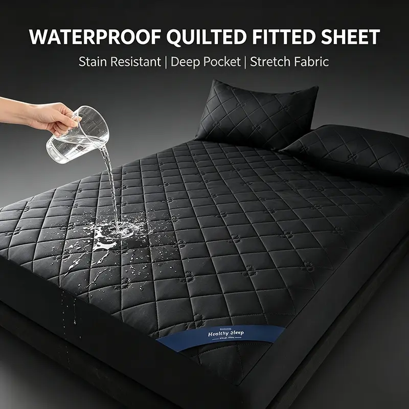 Machine Washable Waterproof Quilted Stretch Fabric Fitted Sheet & Pillowcase Bedding Set, Spill Sweat Resistant Deep Pocket Mattress Protector, Durable Fade Resistant Solid Black Tone Protective Bed Linen