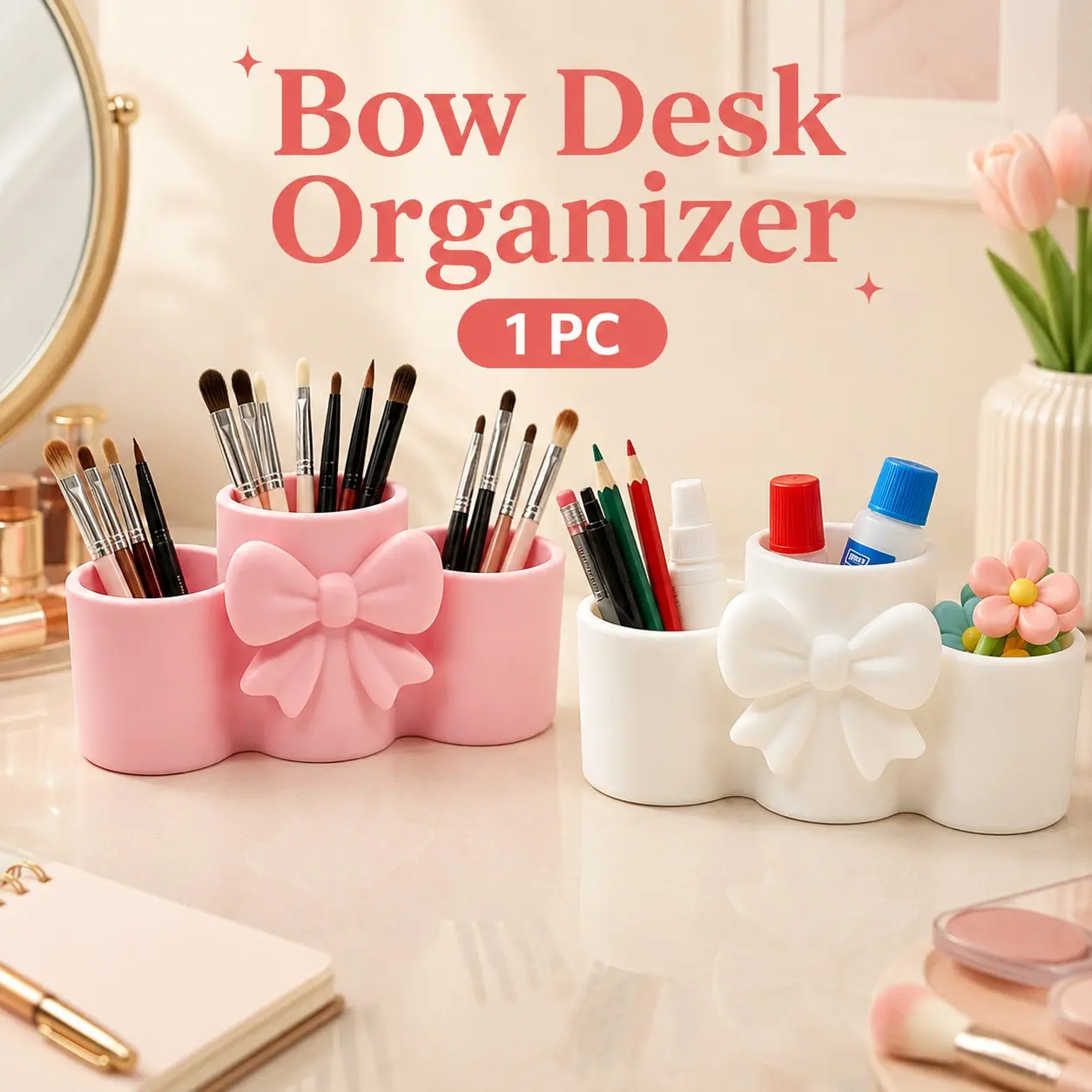 Butterfly Knot Three-Compartment Makeup Brush Organizer, Desktop Cosmetics Storage Box, Cute Girl Heart Cosmetic Holder