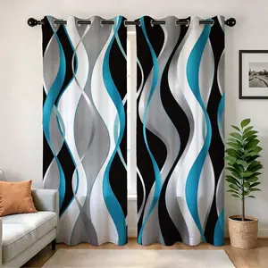 Half-Opacity Drapes, Wave Pattern Print, Polyester, Privacy Protection, Quick Assembly, Bedroom Living Room Decor, Gift Idea