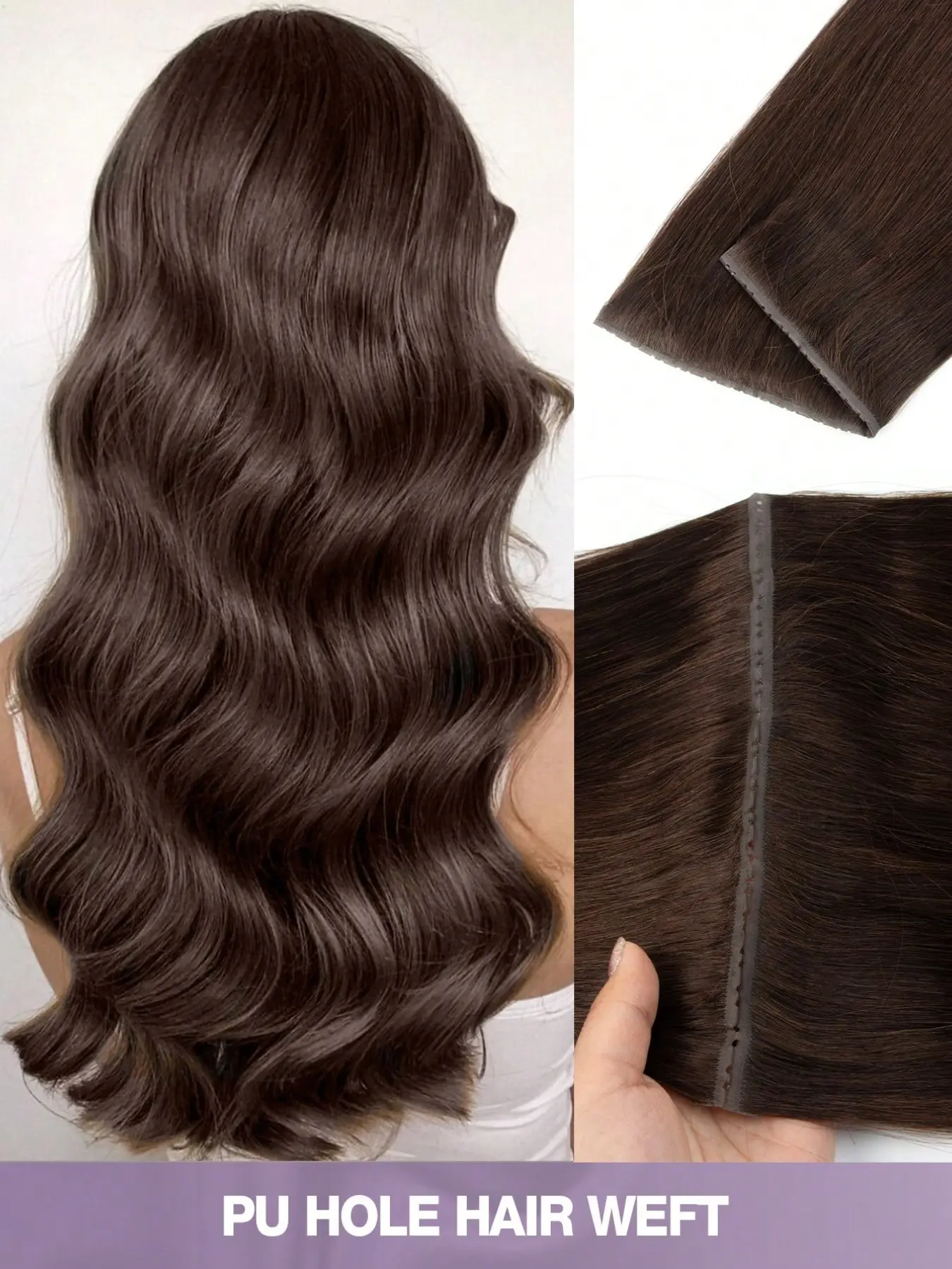PU Hole Invisible Straight Human Hair Weft for Women, Invisible PU Base Comfortable Breathable Real Human Hair With Thick Hair Ends, Ideal for Daily, Party, Wedding Hairstyles