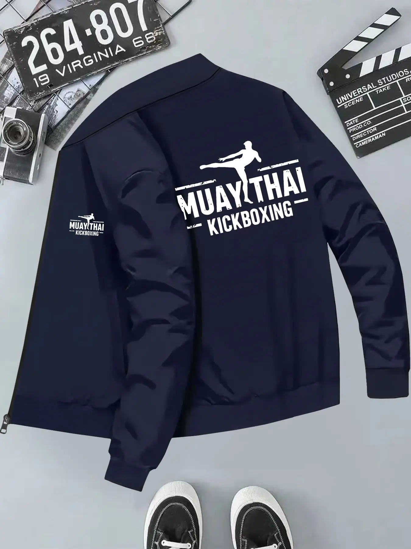 Muay Thai Kickboxing Print Men's Hooded Casual Jacket, Long Sleeve Loose-Fit Outerwear, Geometric Pattern, All Seasons