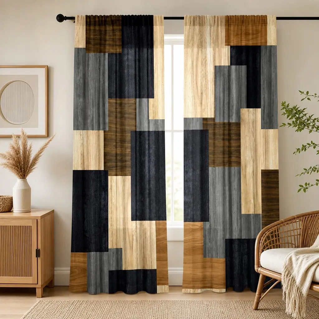 2 Piece Retro Wood Grain, Semi-Transparent Geometric Print, Modern Farmhouse Industrial Style for Living Room, Bedroom, Office, Window Curtain
