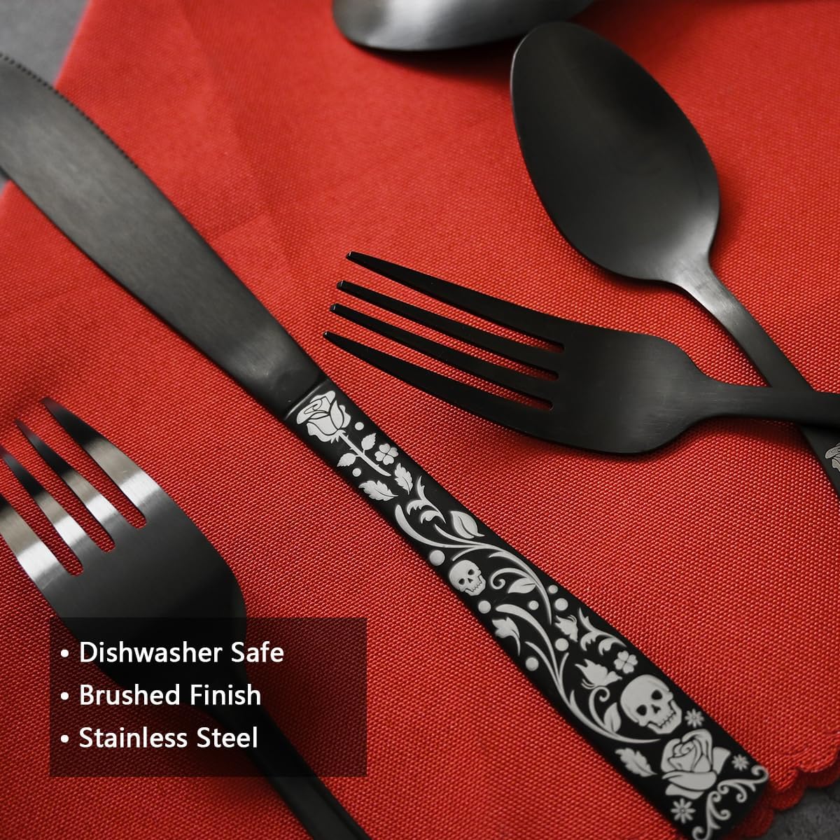 20- Matte Black Silverware Set for 4, Skull Rose Cultery Set 18/0 Stain Finish Stainless Steel, Gothic Skeleton  Decorative Flatware Set, Daily Halloween Party Event Serving For 4