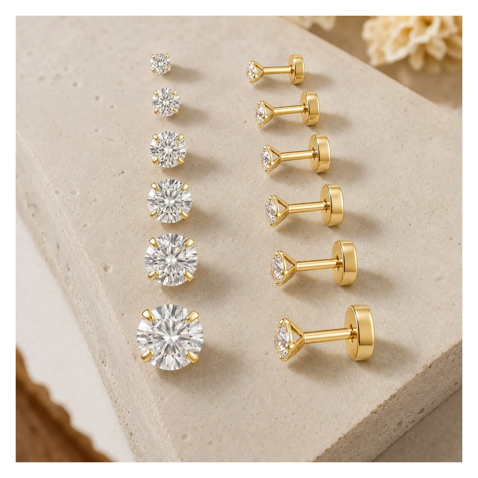 20G Hypoallergenic Flat Back Stud Earrings for Women Men - Silver 14K Gold Stainless Steel Birthstone Cubic Zirconia Cartilage Earrings for Sensitive EarsGift