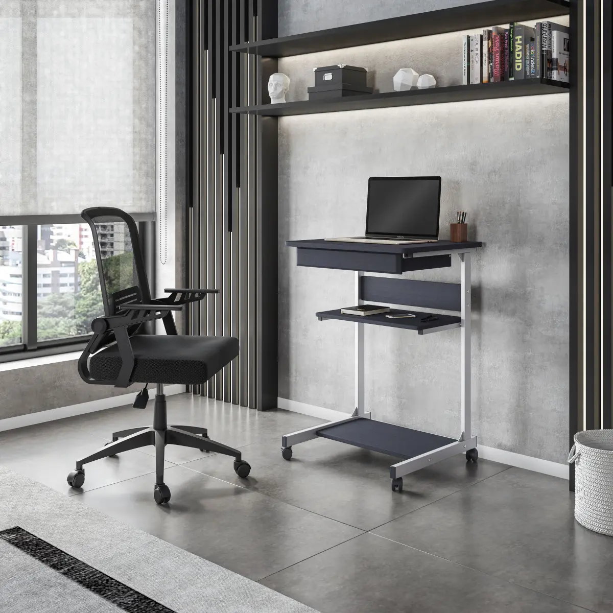 Techni Mobili Rolling Laptop Cart with Storage - Graphite Commercial Office Furniture Desk Workstation