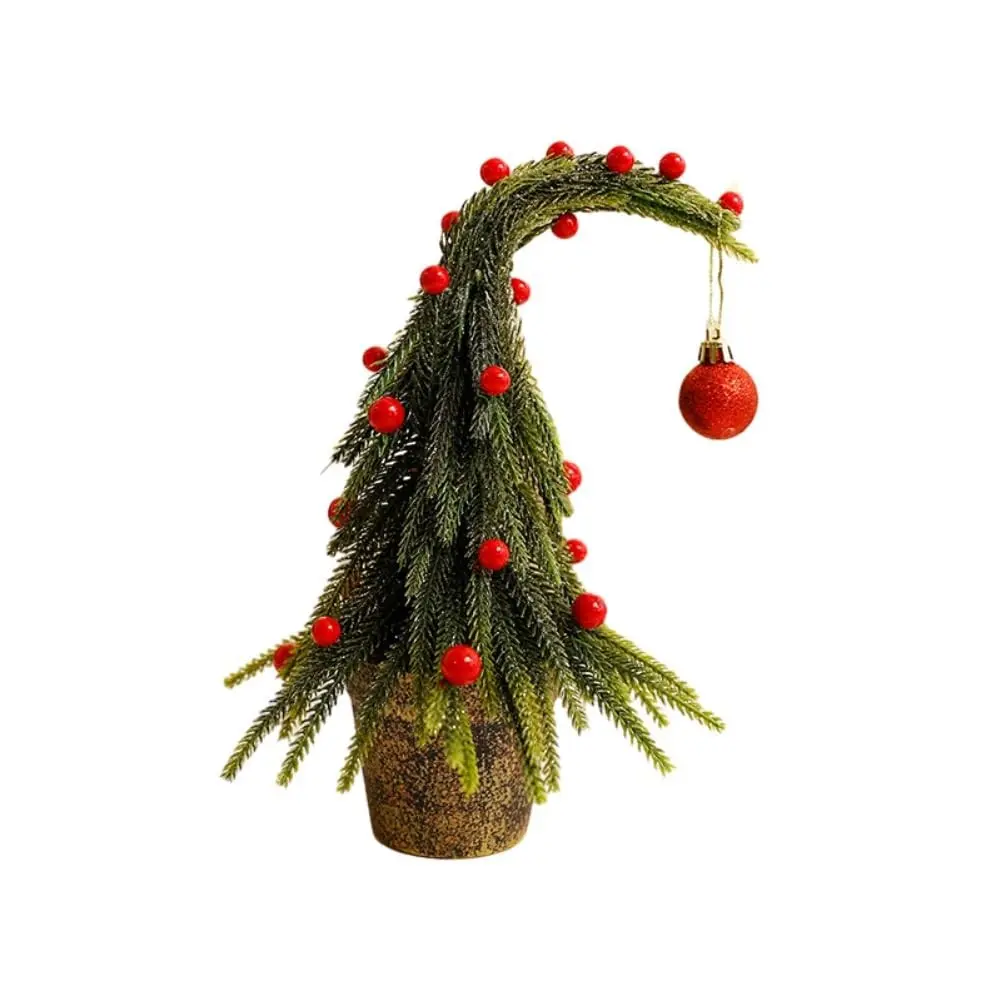 Tilted Christmas Tree with Ball Topper and Hanging Ornaments, Small Artificial Christmas Tree for Home Office Party, Holiday Indoor Decorations