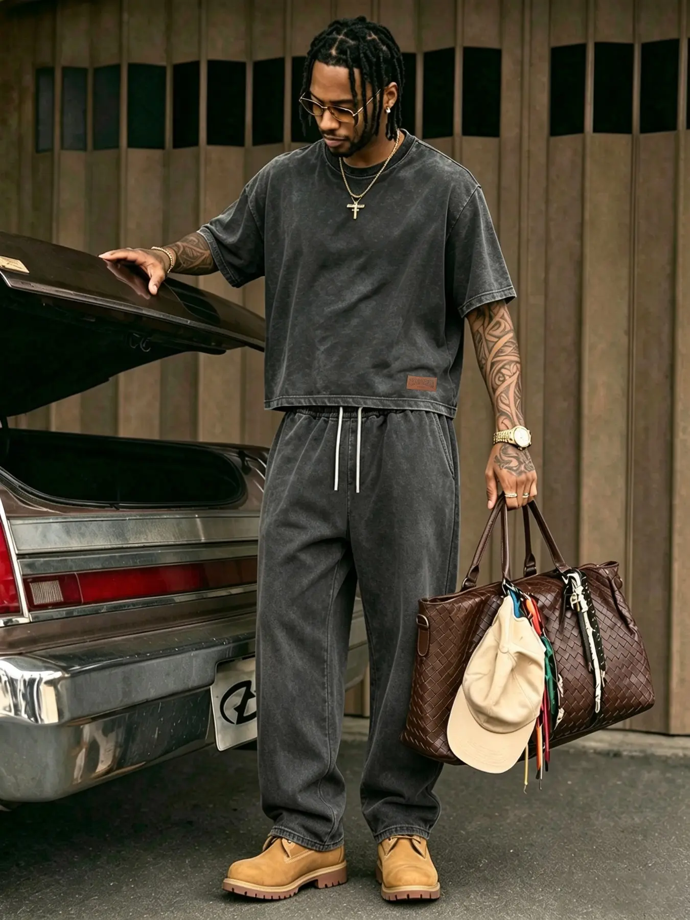 Men's two-piece set, Casual, a cropped top paired with loose-fitting sweatpants, featuring a distressed wash and made of comfortable and breathable cotton, suitable for street dance, skateboarding, or commuting wear, a versatile basic style