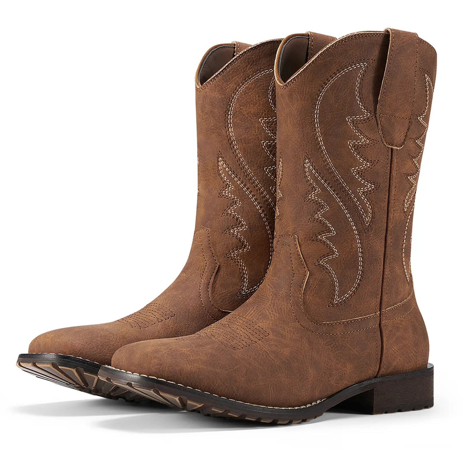 Rollda Cowboy Boots for Men Western Boots Men's Square Toe Chunky Heel Mid-Calf Boots Classic Embroidered Pull On Boots