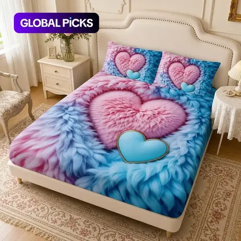 3pcs Heart Fleece (1 Sheet + 2 Pillowcases), Cute Bedding, Soft Comfortable High-Definition Print, Home Dormitory Bedroom Decor, Decorative Bedsheet Sets, Bedset, Bed Stuff #GLOBAL PICKS