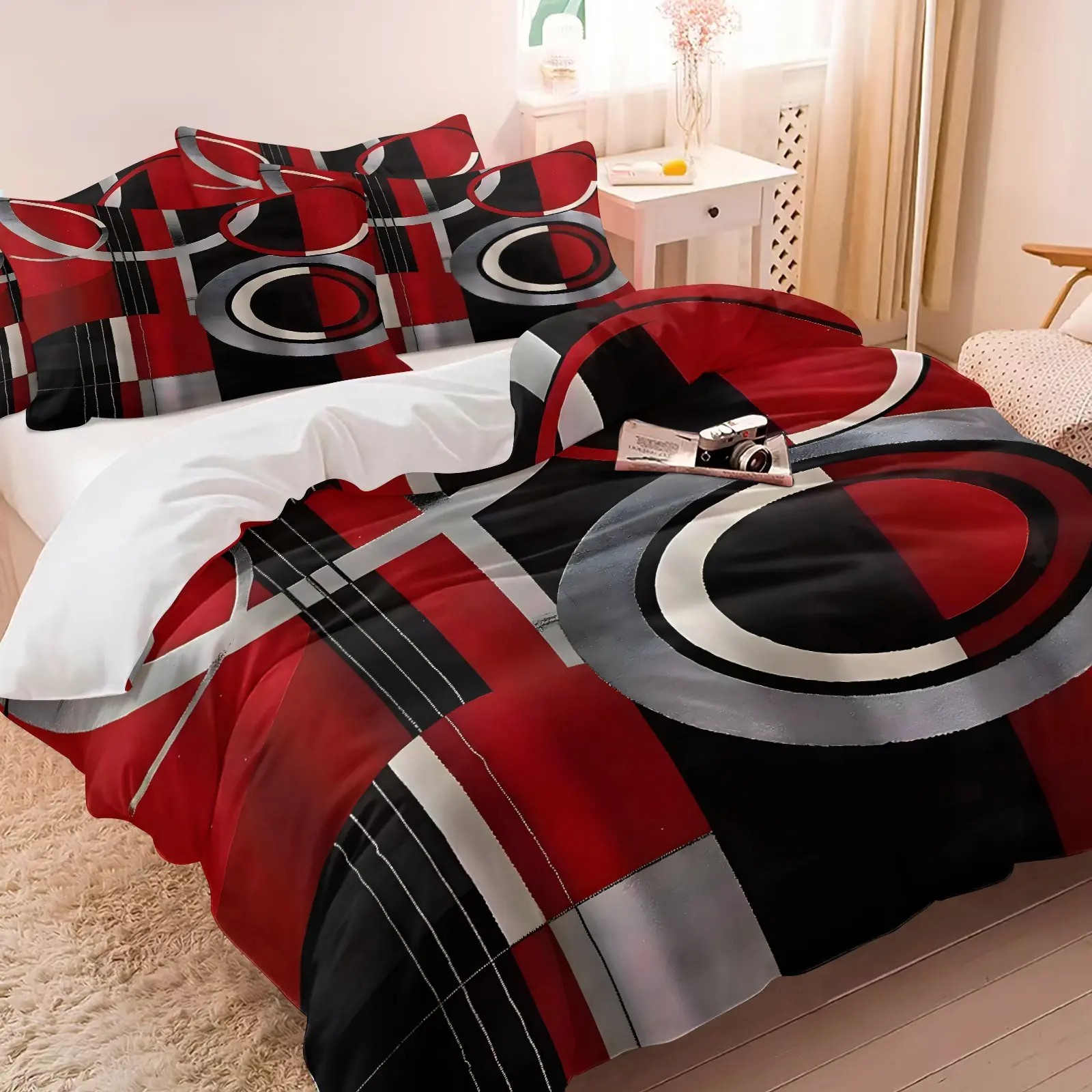 2/3Pcs Red Black Silver Geometric Ring Duvet Cover Set Soft Microfiber Modern Abstract Line Print Bedding Minimalist Luxury Bed Cover No Comforter For Contemporary Bedroom Decor