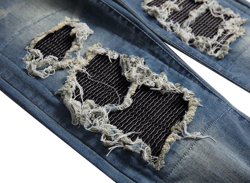 High Street Ripped Black Slim Fit Skinny Jeans for Men with Leather Patch and Stretch Men's Long Pants