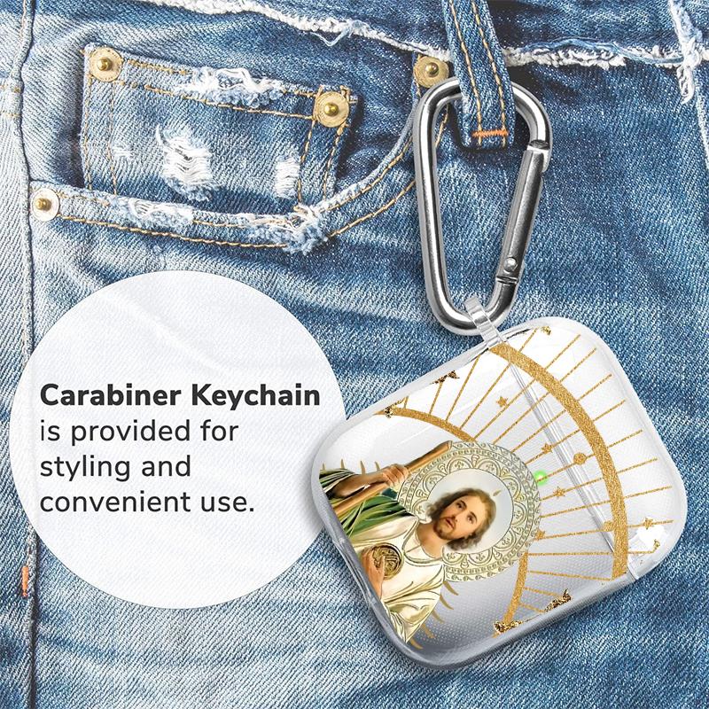 Divine Saintly Radiance Pattern Protective Case for AirPods 4/3/2/1/Pro/Pro2 Soft TPU Earphone Cover, Transparent with Keychain