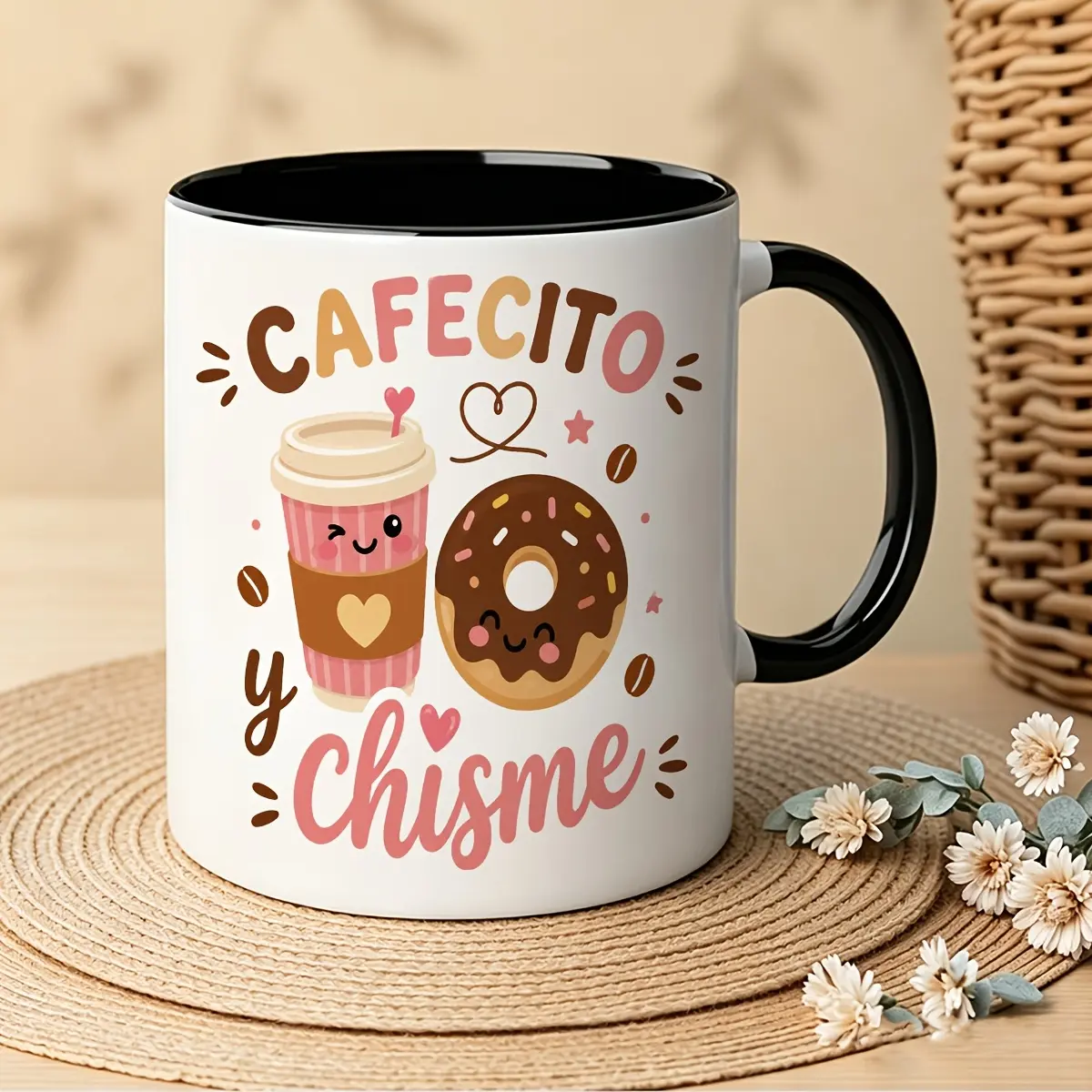 Cute 11Oz Ceramic Mug with Adorable Cafecito Y Chisme Coffee Cup And Donut Cartoon Design - Perfect Gift for Coffee Lovers on Birthday, Christmas, Valentine'S Day, Coffee Tea Milk Cup, Gift Item for Coffee Lovers