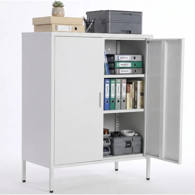 40''h Metal Storage Cabinet,3-Tier Metal Locker Cabinet with 2 Doors | 2 Adjustable Shelves, 2 Doors White Accent Cabinet with Raised Legs for Home Office, Garage, Entryway and Hallway