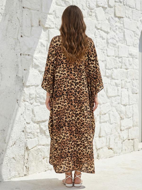 EDOLYNSA leopard print kaftan dresses Women's caftan Boho Caftan relaxed daily wear V-neck beach wear Soft Bohemian muumuu dress vibrant flowy house robe Butterfly sleeve cover up maxi dress Q1755
