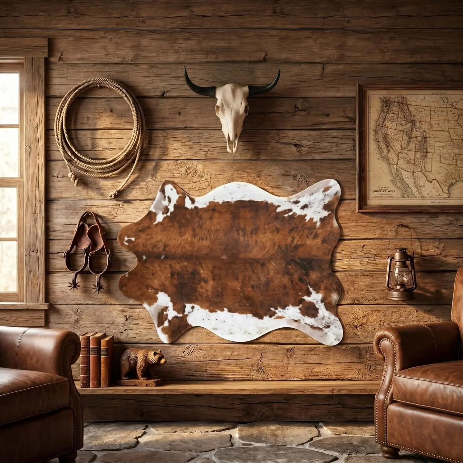 Klyyo Clyro 2 Pcs Western Cowboy Wall Decor Set Resin Cow Skull Wall Hanging with 30"x 43" Faux Cowhide Backdrop Rustic Farmhouse Bull Head Western Art for Living Room Bedroom Entryway Home Decoration