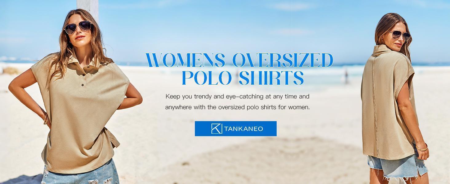 Imily Bela Womens Oversized Cap Sleeve Polo Shirts Summer Casual V Neck Tops Loose Fit Collared Cotton Tee Shirts