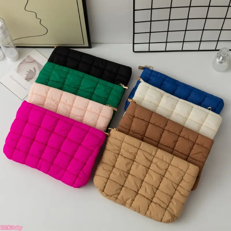 Female Compact Grid Pattern Mini Size Solid Color Quilted Puffer Makeup Clutch Bag - Viral Ruched Padded Daily Carry Women's Purse, Trendy Versatile Cosmetic Pouch for Shopping Travel Holiday Gift