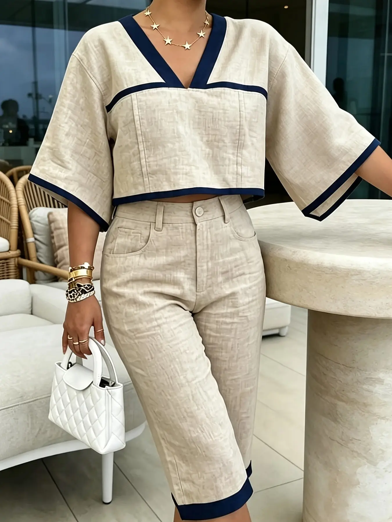 Women's Casual Lightweight Linen-Style Two-Piece Set, V Neck Crop Top with Straight Leg Shorts, Comfortable and Stylish for Daily Wear
