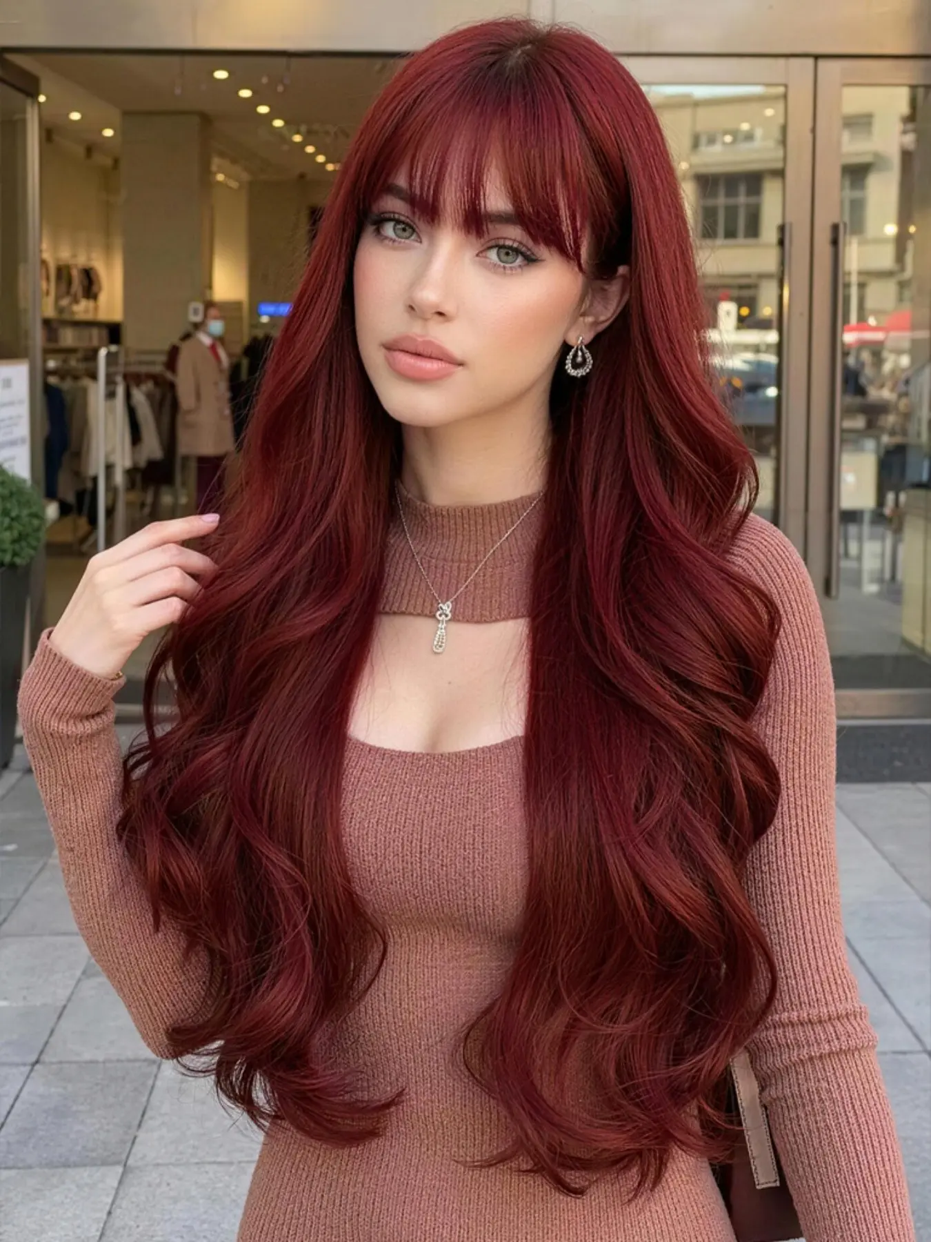 26-Inch Wine Long Curly Bangs Wig for Women, Synthetic Hair Wig for Halloween, Cosplay, Festivals, Daily Wear, Easy Styling, Curly Wig with Bangs