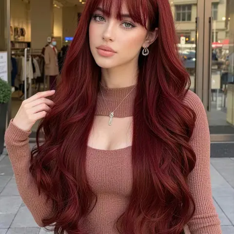 26-Inch Wine Long Curly Bangs Wig for Women, Synthetic Hair Wig for Halloween, Cosplay, Festivals, Daily Wear, Easy Styling, Curly Wig with Bangs