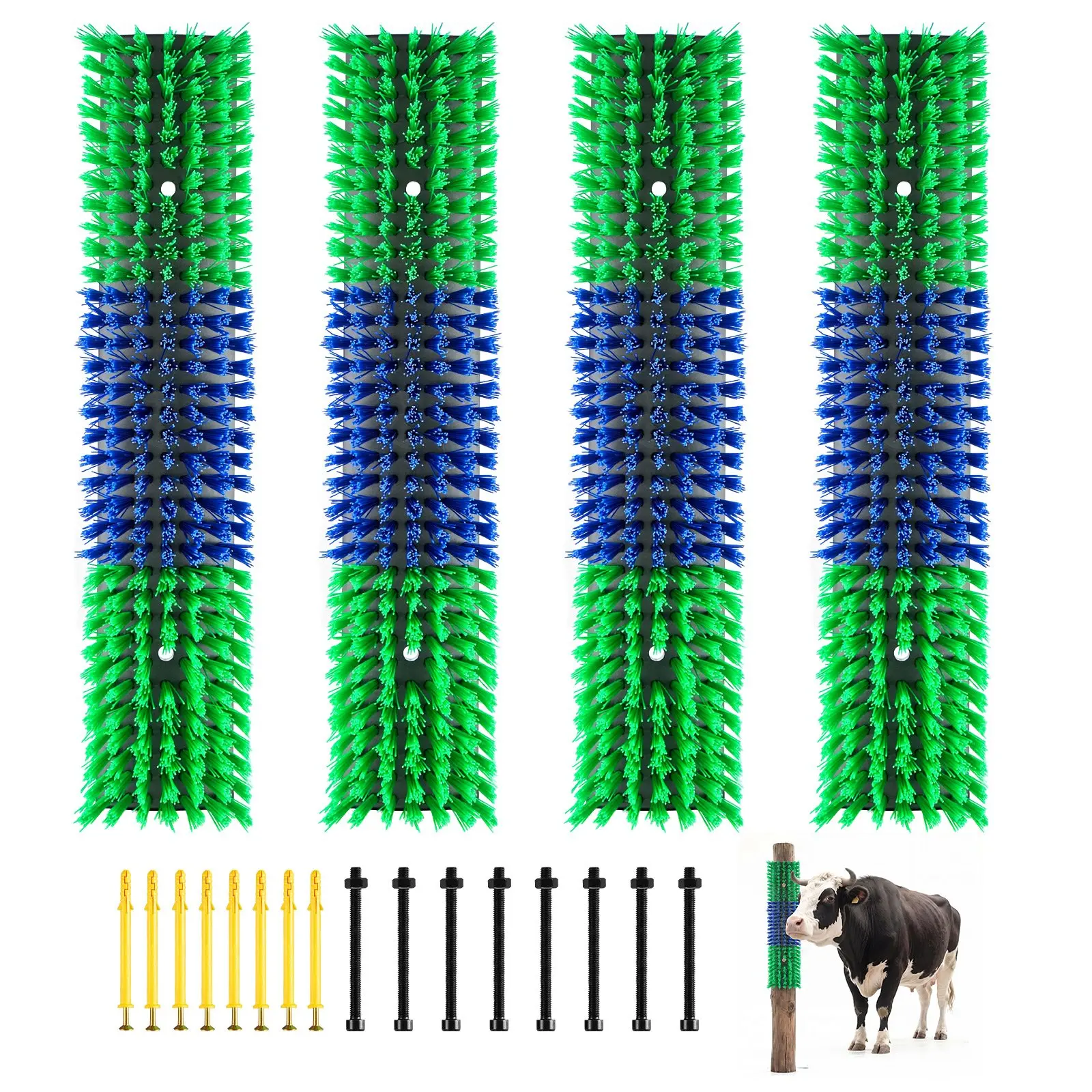 VEVOR Livestock Scratching Brush, 4PCS Goat Scratcher Brush Post with 16 Screws, 16.9" x 3.9" Cow Scratcher for Back Itch Relief, Massage Grooming Scratch Tool for Horse Cattle Sheep Pig, Green Blue