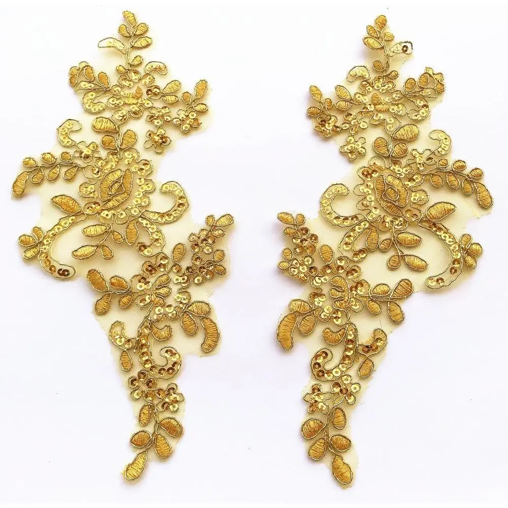1 Pair Fine Lace Fabric Embroidered Trim Applique Patches for Dress Decoration (Yellow)