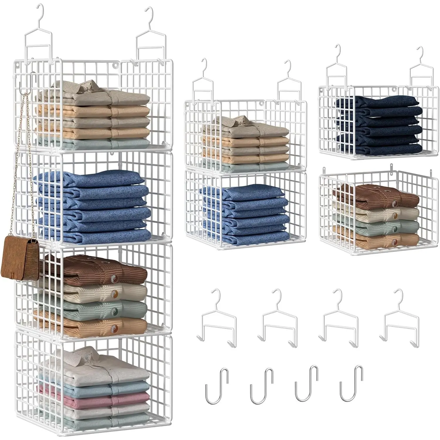 4 Tier Metal Hanging Closet Organizer, Wire Storage Shelf with 4 Hanging Hooks & 4 S-Hooks, Storage Organizer for Wardrobe Laundry Room, for Holding Clothes Sweaters Pants, White