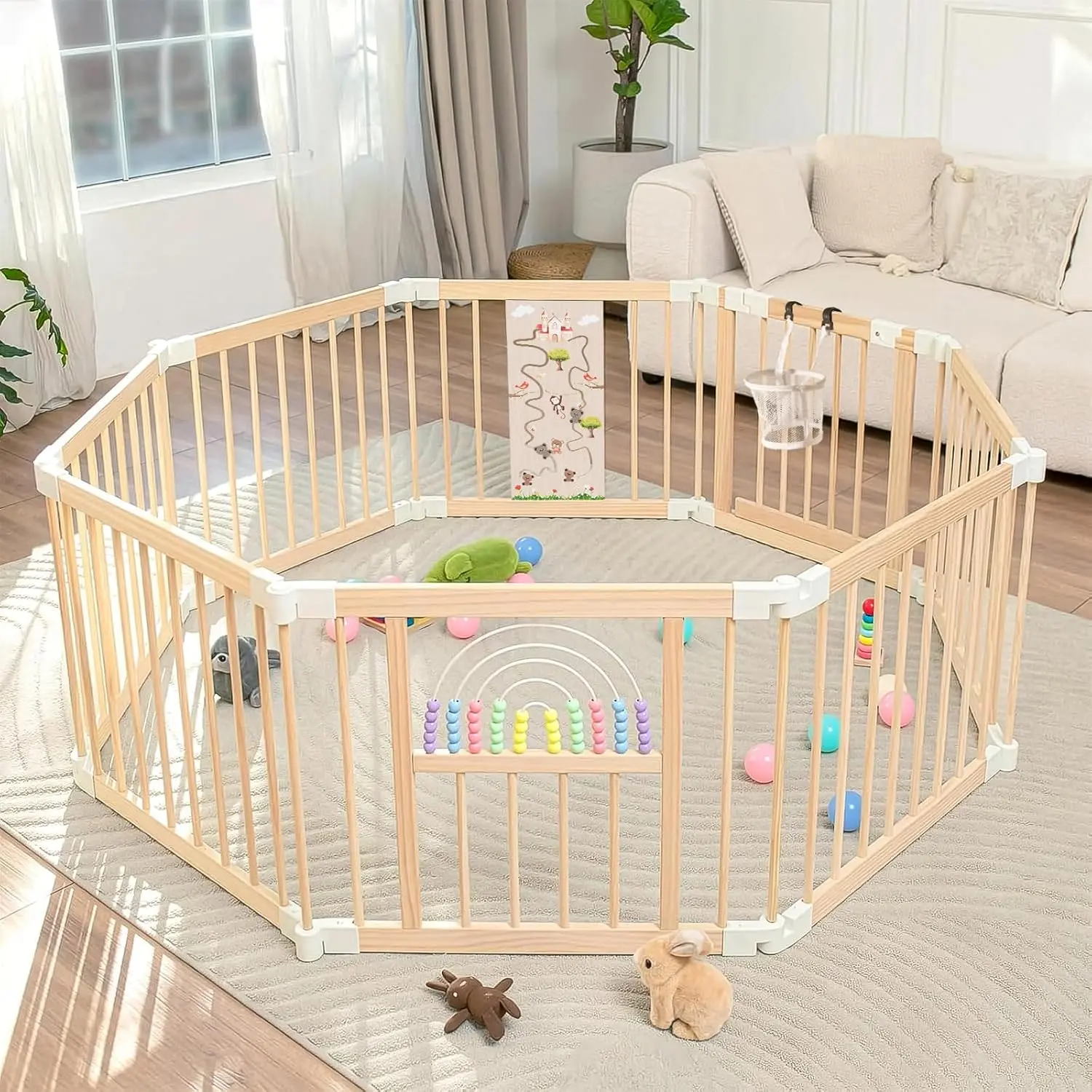 Foldable Wooden Baby Playpen Activity Center,Adjustable Size & Shape Portable Play Yard, Baby Fence Play Area with Gate  Indoor Use  Babies and Toddlers(56x56x24inches)