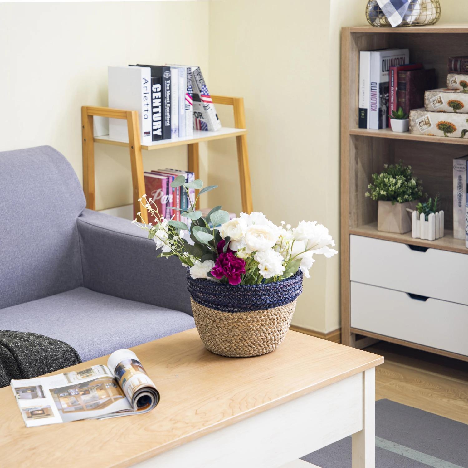 [Home Decor] Two-Tone Seagrass Basket - 11x8.3 Inch Navy & Natural Storage Bin for Shelf Organization & Displays